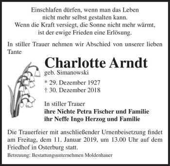 Traueranzeige von Charlotte Arndt (geb. Simanowski)  von Magdeburger Volksstimme
