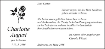 Traueranzeige von Charlotte August (geb. Lehmann)  von Magdeburger Volksstimme