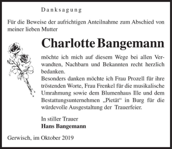 Traueranzeige von Charlotte Bangemann  von Magdeburger Volksstimme