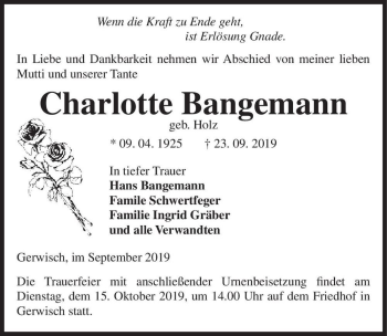 Traueranzeige von Charlotte Bangemann (geb. Holz)  von Magdeburger Volksstimme
