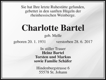 Traueranzeige von Charlotte Bartel (geb. Melle)  von Magdeburger Volksstimme