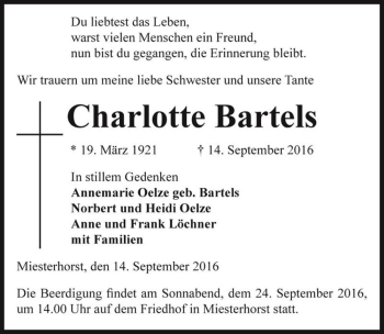 Traueranzeige von Charlotte Bartels  von Magdeburger Volksstimme