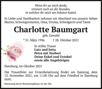 Traueranzeige von Charlotte Baumgart (geb. Gewald)  von Magdeburger Volksstimme