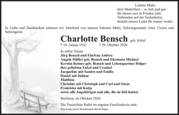 Traueranzeige von Charlotte Bensch (geb. Kittel)  von Magdeburger Volksstimme
