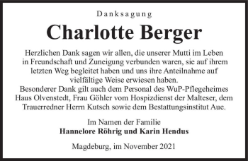 Traueranzeige von Charlotte Berger  von Magdeburger Volksstimme