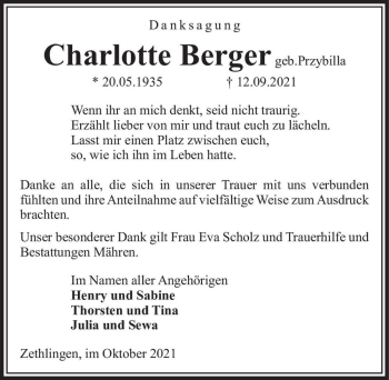 Traueranzeige von Charlotte Berger (geb. Przybilla)  von Magdeburger Volksstimme