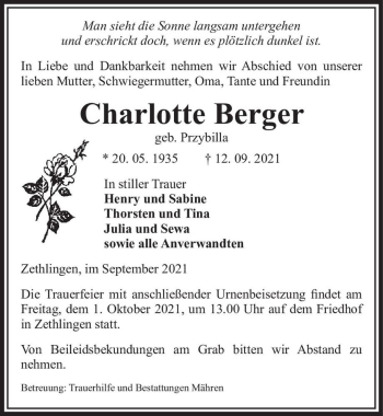 Traueranzeige von Charlotte Berger (geb. Przybilla)  von Magdeburger Volksstimme