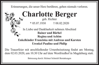 Traueranzeige von Charlotte Berger (geb. Richter)  von Magdeburger Volksstimme