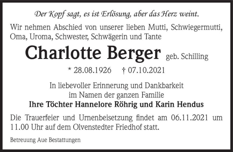  Traueranzeige für Charlotte Berger (geb. Schilling)  vom 30.10.2021 aus Magdeburger Volksstimme
