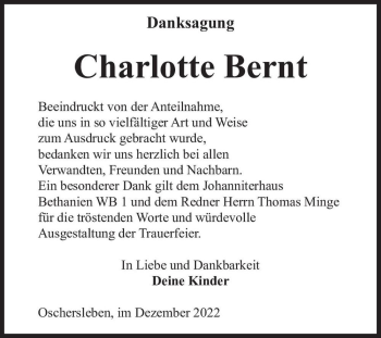 Traueranzeige von Charlotte Bernt  von Magdeburger Volksstimme
