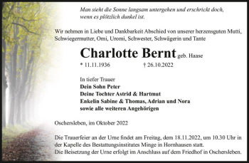 Traueranzeige von Charlotte Bernt (geb. Haase)  von Magdeburger Volksstimme
