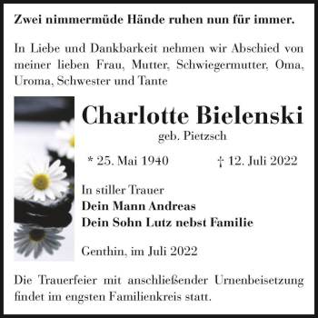 Traueranzeige von Charlotte Bielenski (geb. Pietzsch)  von Magdeburger Volksstimme