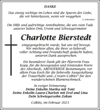 Traueranzeige von Charlotte Bierstedt  von Magdeburger Volksstimme