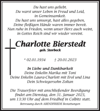 Traueranzeige von Charlotte Bierstedt (geb. Storbeck)  von Magdeburger Volksstimme