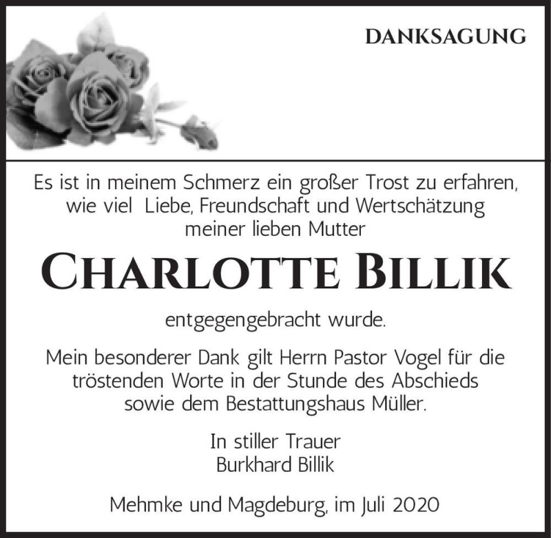  Traueranzeige für Charlotte Billik  vom 11.07.2020 aus Magdeburger Volksstimme