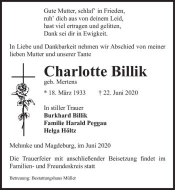 Traueranzeige von Charlotte Billik (geb. Mertens)  von Magdeburger Volksstimme