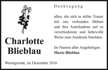 Traueranzeige von Charlotte Blieblau  von Magdeburger Volksstimme