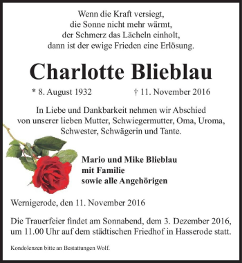Traueranzeige von Charlotte Blieblau  von Magdeburger Volksstimme