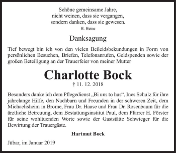 Traueranzeige von Charlotte Bock  von Magdeburger Volksstimme
