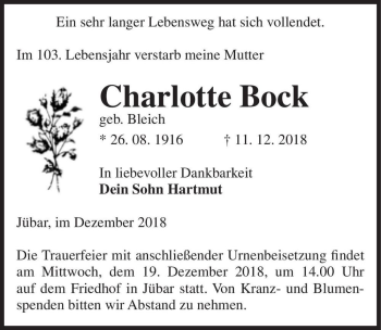 Traueranzeige von Charlotte Bock (geb. Bleich)  von Magdeburger Volksstimme