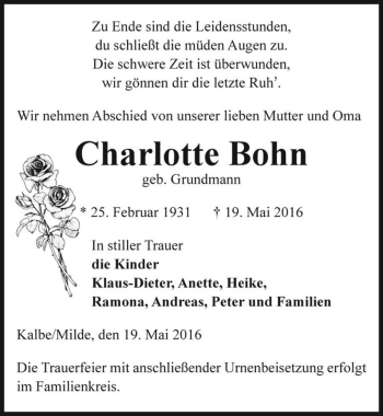 Traueranzeige von Charlotte Bohn (geb. Grundmann)  von Magdeburger Volksstimme