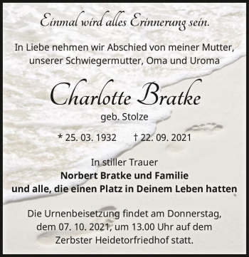 Traueranzeige von Charlotte Bratke (geb. Stolze)  von Magdeburger Volksstimme