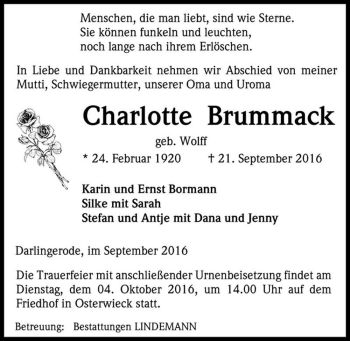 Traueranzeige von Charlotte Brummack (geb. Wolff)  von Magdeburger Volksstimme