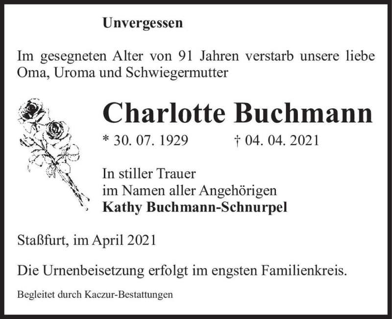  Traueranzeige für Charlotte Buchmann  vom 14.04.2021 aus Magdeburger Volksstimme