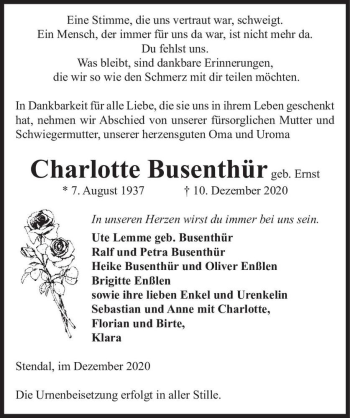 Traueranzeige von Charlotte Busenthür (geb. Ernst)  von Magdeburger Volksstimme