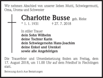 Traueranzeige von Charlotte Busse (geb. Rieke)  von Magdeburger Volksstimme