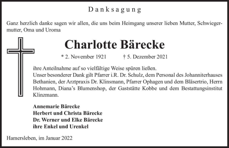  Traueranzeige für Charlotte Bärecke  vom 08.01.2022 aus Magdeburger Volksstimme