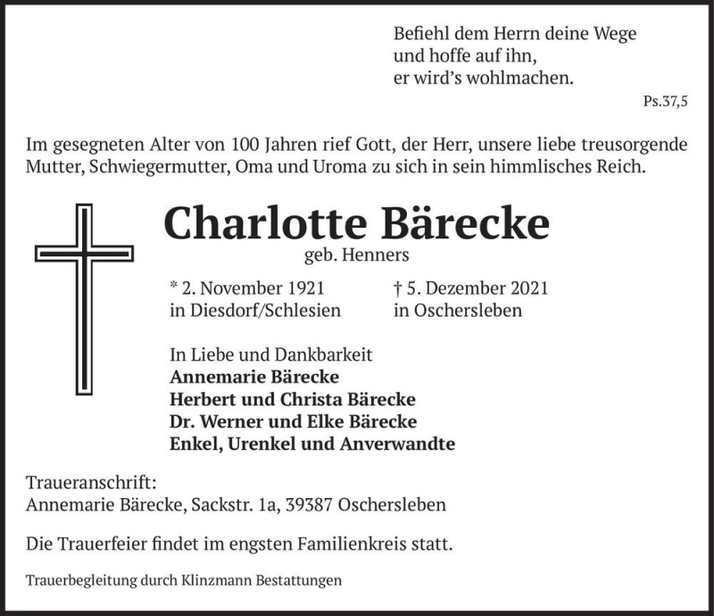  Traueranzeige für Charlotte Bärecke (geb. Henners)  vom 11.12.2021 aus Magdeburger Volksstimme