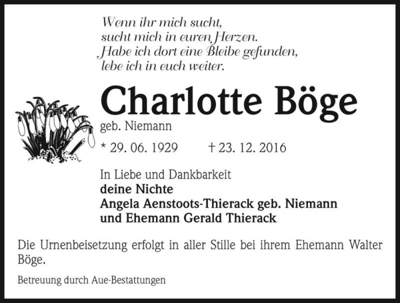  Traueranzeige für Charlotte Böge (geb. Niemann)  vom 31.12.2016 aus Magdeburger Volksstimme