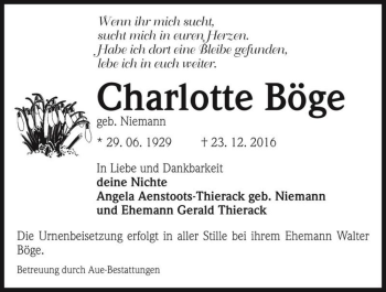 Traueranzeige von Charlotte Böge (geb. Niemann)  von Magdeburger Volksstimme