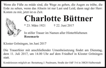 Traueranzeige von Charlotte Büttner  von Magdeburger Volksstimme