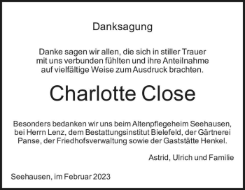 Traueranzeige von Charlotte Close  von Magdeburger Volksstimme