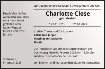 Traueranzeige von Charlotte Close (geb. Kleefeld)  von Magdeburger Volksstimme