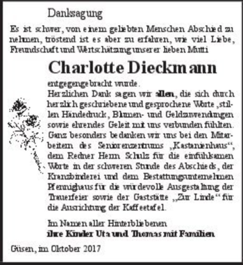 Traueranzeige von Charlotte Dieckmann  von Magdeburger Volksstimme