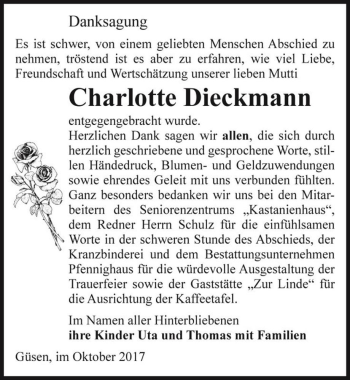 Traueranzeige von Charlotte Dieckmann  von Magdeburger Volksstimme