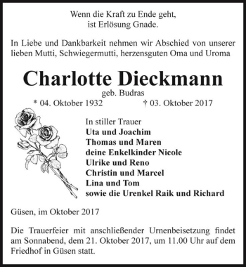 Traueranzeige von Charlotte Dieckmann (geb. Budras)  von Magdeburger Volksstimme