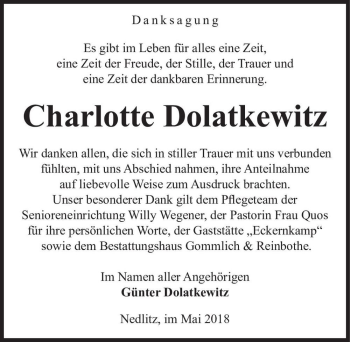 Traueranzeige von Charlotte Dolatkewitz  von Magdeburger Volksstimme