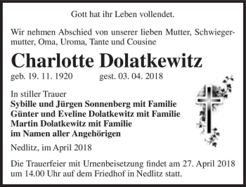 Traueranzeige von Charlotte Dolatkewitz  von Magdeburger Volksstimme