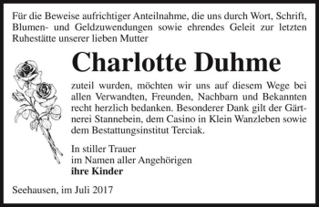 Traueranzeige von Charlotte Duhme  von Magdeburger Volksstimme