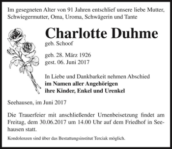 Traueranzeige von Charlotte Duhme (geb. Schoof)  von Magdeburger Volksstimme