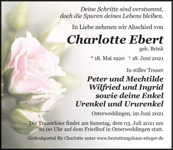 Traueranzeige von Charlotte Ebert (geb. Brink)  von Magdeburger Volksstimme