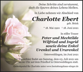 Traueranzeige von Charlotte Ebert (geb. Brink)  von Magdeburger Volksstimme