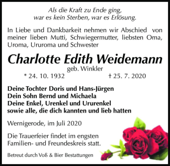 Traueranzeige von Charlotte Edith Weidemann (geb. Winkler)  von Magdeburger Volksstimme
