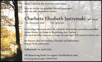 Traueranzeige von Charlotte Elisabeth Jastremski (geb. Staats)  von Magdeburger Volksstimme