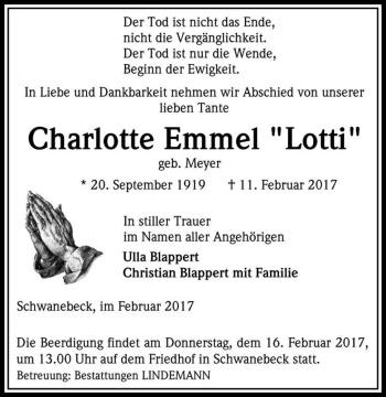 Traueranzeige von Charlotte Emmel 