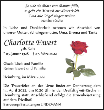 Traueranzeige von Charlotte Ewert (geb. Ruhe)  von Magdeburger Volksstimme